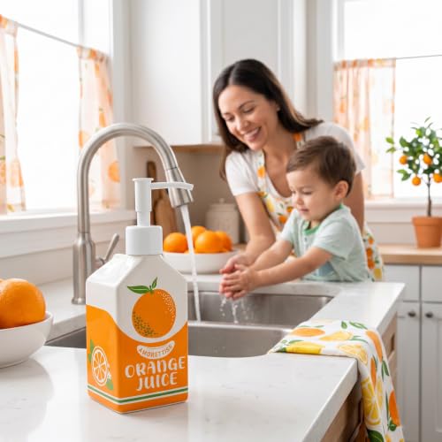 Ceramic Orange Juice Bottle Soap Dispenser, Refillable Lotion Pump Bottle for Bathroom Kitchen Dish Soap | Cute Funny Design, Refillable, Reusable, 300ml/10oz - color: Juice