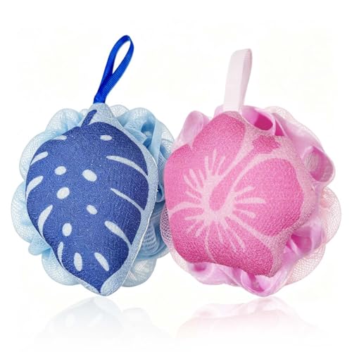 2PCS Shower Loofah Sponge, Hawaiian Floral Bath Pouf with Soft Mesh, Gentle Body Scrubber for Shower and Bath, Tropical Bathroom Accessories for Women and Men - color: Blue Pink-a