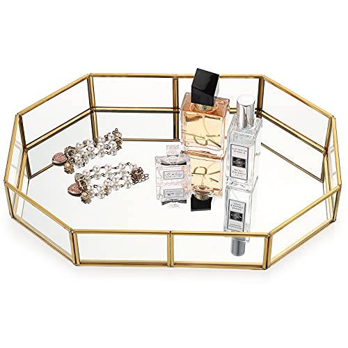 Hipiwe Gold Perfume Tray - Glass Mirror Makeup Tray Ornate Vanity Tray Dresser Tray Jewelry Trinket Organizer Tray for Bathroom Storage Tray for Home Decor,12.4"x 8.5" - size: 12.4" x 8.2" x 2"