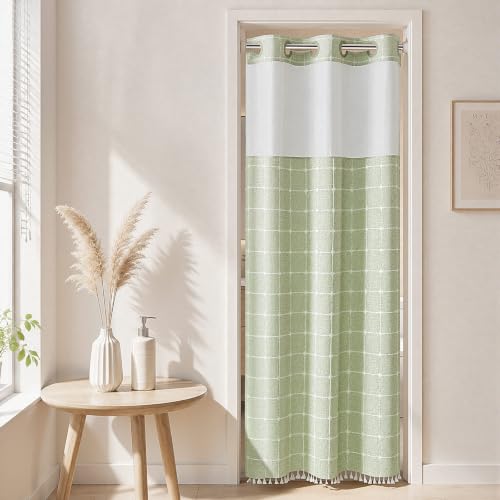River Dream Sage Green Farmhouse Shower Curtain with Snap-in Liner, No Hooks Needed,with Magnets,with Tassels,Water Repellent&Machine Washable,36x74Inch - color: Sage Green-window, size: 36"W x 74"L (Pack of 1)