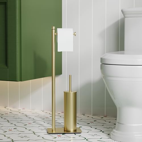 RUACQ Toilet Paper Holder Stand with Toilet Brush and Holder Set, 304 Stainless Steel Bathroom Toilet Tissue Paper Roll Holder Free Standing, Weighted Base, Heavy Duty (Brushed Gold) - color: Brushed Gold, size: Free standing