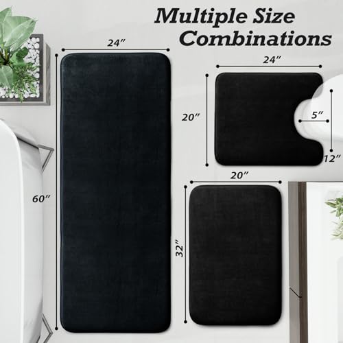 HUXMEYSON Bathroom Rugs Sets 3 Piece, Non-Slip & Quick Dry Bath Mat Set, Ultra Soft Velvet Bath Rugs for Bathroom, Toilet and Shower Floor, Black - color: Black, size: 20"x32"+24"x60"+U Shape 20"x24"