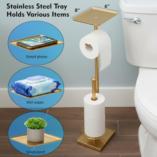 Gold Toilet Paper Holder with Shelf, Free Standing Toilet Paper Stand with Storage for Holding Extra 3 Rolls, Tissue Holder for Bathroom (Gold with Metal Base) - color: Gold With Metal Base