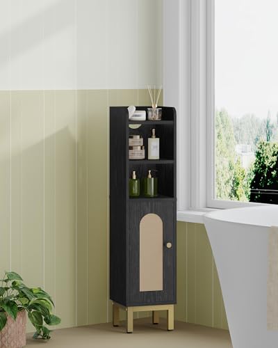 Hzuaneri Bathroom Storage Cabinet, Small Corner Floor Cabinet with Door and Shelves, Narrow Toilet Paper Holder, Bathroom Organizer with Adjustable Shelf, for Small Spaces, Rattan Black BC08204Y - color: Rattan Black, size: 7.9"D x 7.9"W x 32.7"H