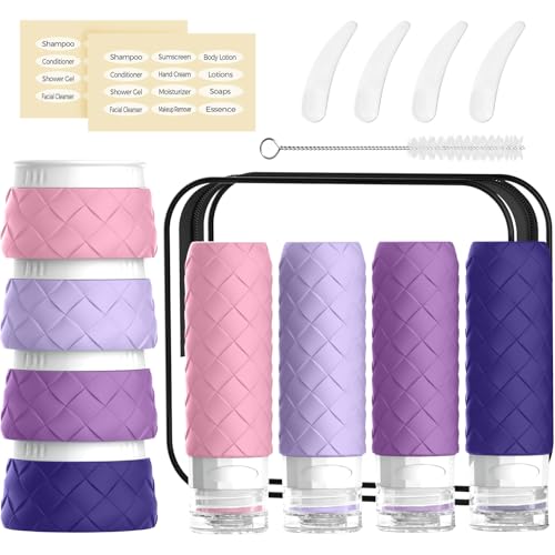 16 Pack Travel Bottles for Toiletries, TSA Approved Travel Size Toiletries Containers Set, BPA-Free Silicone Leak Proof Refillable Bottles Stackable Creams Jars Accessories Kit W/Clear Bag(Purple) - color: Purple