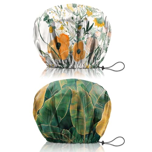 2 PCS Shower Cap Reusable Waterproof Double Layers Hair Caps Shower Bath Adjustable Elastic Hat for Women Girls Cute Aesthetic-Flower Leaf - color: AI6-Flower Leaf