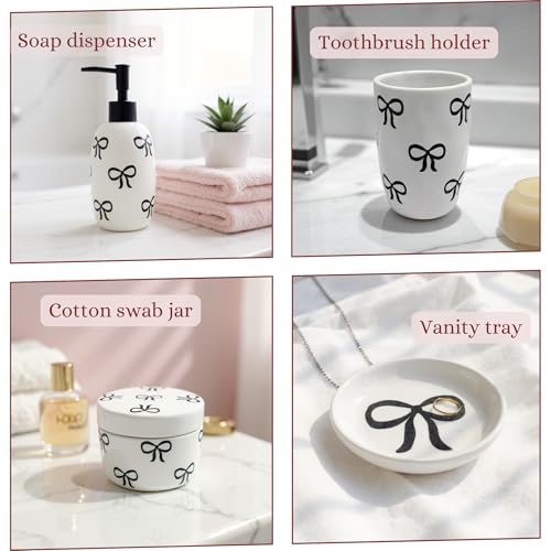 Pink Bathroom Set, 4 Pcs Ceramic Bathroom Accessory Sets - Soap Dispenser, Tumbler Toothbrush Holder, Vanity Soap Tray, Cotton Swab Jars - Pink Bathroom Decor Gift for Her (Black) - color: Black