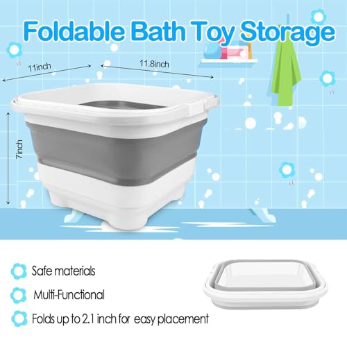 Bath Toy Storage Organizer - Foldable Bath Toy Holder for Bathtub, Bathtub Toy Storage with Removable Drying Base, Bathroom Toy Storage with 2 Hooks