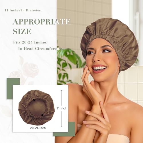 Edoneery Reusable Shower Caps for Women, Waterproof Long Hair Bonnet | Washable Design, Wide Elastic Band, Large Fit, Holds Long Hair, Braids Friendly, Bath Accessories, Spa, Travel - color: Brown