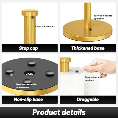 VEHHE Gold Paper Towel Holder Stand, Paper Towel Holder with Weighted Base and Suction Cups for Kitchen Bathrooms - color: Suction Base | Gold