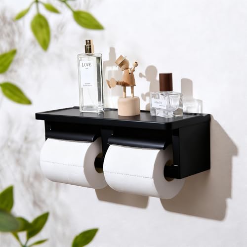Matte Black Double Toilet Paper Holder with Shelf - Toilet Paper Cutting Function, Toilet Paper Holder Wall Mounted for Bathroom Washroom - color: Abs Black&black, size: Full