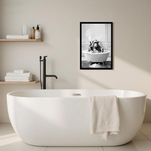 Urmoya Funny Monkey Bath Bathroom Decor Canvas Wall Art 16x24 in | Wood frame, Black and white bathroom decor, Funny chimpanzee in bathtub, Canvas print, Ready to hang - color: Chimpanzee, size: 24"L x 16"W