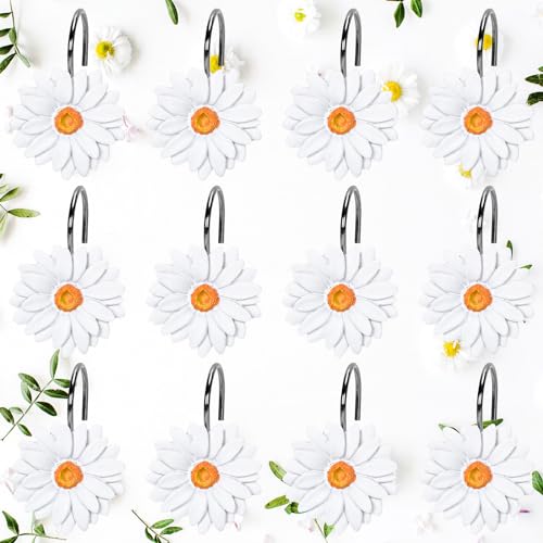 Whaline 12Pcs Spring Daisy Shower Curtain Hooks Summer White Flower Shower Rod Rings Boho Floral Decorative Curtain Hanger Hooks for Living Room Bedroom Bathroom Decor - color: White