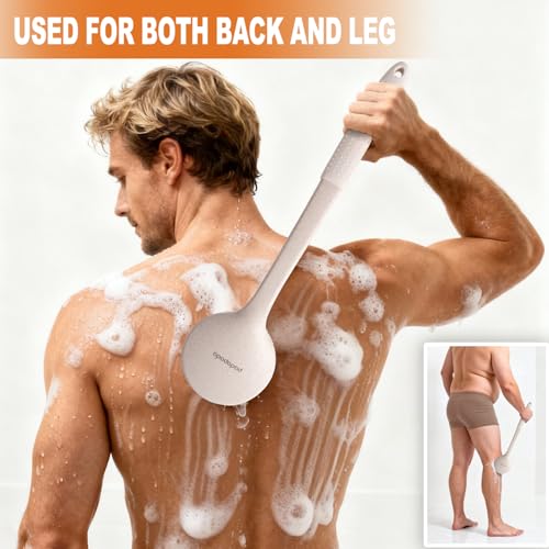Long Handle Shower Back Scrubber,15.75 Inch Ergonomic Curved Brush with 3 Replaceable Heads with Soft and Firm Bristles,Silicone Handle for Easy Back Cleaning and Exfoliation,Bath Body Brush(Beige) - color: Wheat Straw Beige