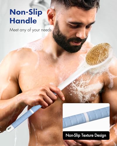 Back Scrubber Body Shower Brush: 20.5‘’ Extra Long Anti Slip Handle Bath Brush with Stiff and Soft Bristles - Showering Exfoliator Wet or Dry Brushing for Women, Men, Elderly (Blue) - size: Long Handle 20.5 in-Blue