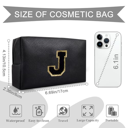 Personalized Initial A-Z Preppy Patch Makeup Bag,Small PU Chenille Letter Cosmetic Bag with Zipper for Teen Girls,Black Cute Toiletry Organizer Bag,Monogram Makeup Case Gift for Women Girls,Letter J - color: Black,Black-Letter, size: J