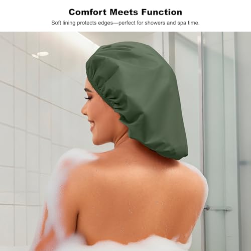 2 Pack Shower Caps for Women, Reusable Waterproof Shower Cap with Elastic Band, Thickened Waterproof Fabric Shower Bonnet for Braids, Long Hair (Pink and Green) - color: Color 01