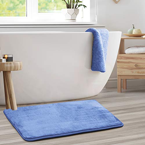 Clara Clark Bathroom Rugs, Velvet Memory Foam Bath Mat, Non-Slip, Machine Washable Bath Rugs - Dries Quickly, Ultra Soft Plush Bath Mats for Bathroom, 20 x 32, Calm Blue - color: Calm Blue, style: 20 x 32