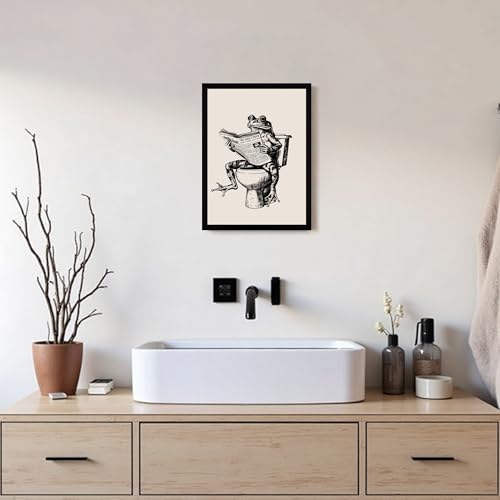 Urmoya Funny Frog on Toilet Bathroom Decor Framed Wall Art 12x16 in | Wood frame, Frog reading newspaper print, Humor decor, Canvas wall art, Ready to hang, for bathroom or restroom - color: Frog, size: 16"L x 12"W