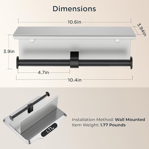 FORIOUS Double Toilet Paper Holder with Shelf, Wall Mount Tissue Roll Holder for Bathroom, 304 Stainless Steel Commercial Toilet Tissue Dispensers with Phone Shelf (1, Stainless Steel & Matte Black) - color: Stainless Steel & Matte Black