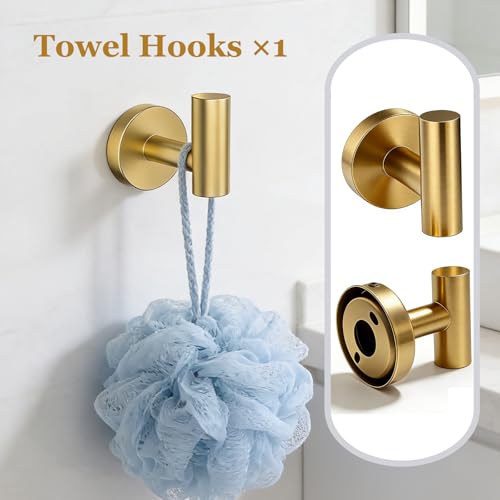 5-Pieces Wall Mount Bathroom Accessories Bathroom Hardware Set,22 Inch Stainless Steel Waterproof Towel Bars,Toilet Paper Holder with Shelf,Towel Ring,Coat Hook (Brushed Gold 5PC - Round) - color: Brushed Gold 5pc - Round