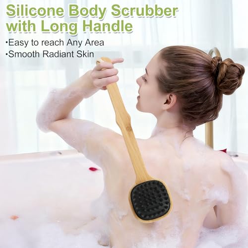 Silicone Back Scrubber for Shower, 2PCS Silicone Bath Body Brush Loofah with Long Handle, Dual-Sided Shower Brush for Body, Black Exfoliating Body Scrubber for Men Women, Back Washer for Men with Hook - size: black+black-2pcs