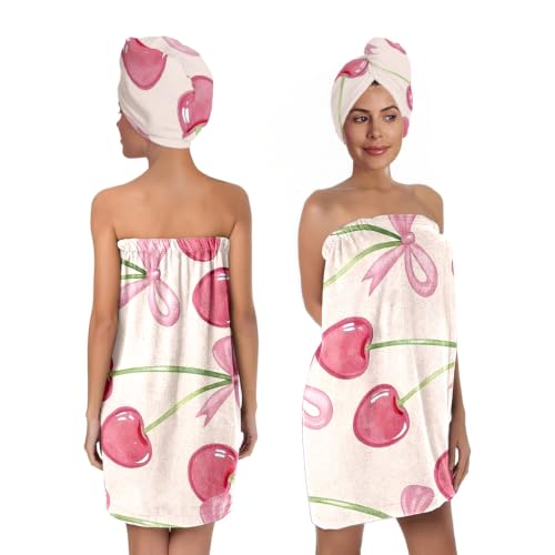 2pcs Women's Spa Wrap & Hair Towel Set - Cute Cherry Print Microfiber Bath Body Wrap Towel with Drying Cap, Absorbent Shower Skirt for Gym Dorm Sauna & Skincare (Cherry 3) - color: Cherry 3