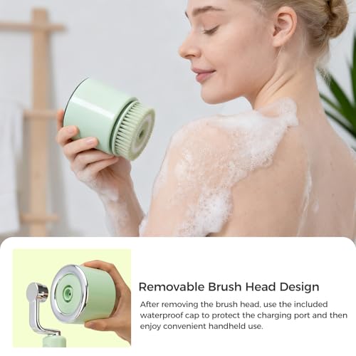 Electric Body Bath Brush for Shower, Rechargeable Body Brush with Detachable Long Handle and 5 Heads, 3 Speeds Bath Brush for Skin Care, Basic Cleaning and Massage (Sliver)