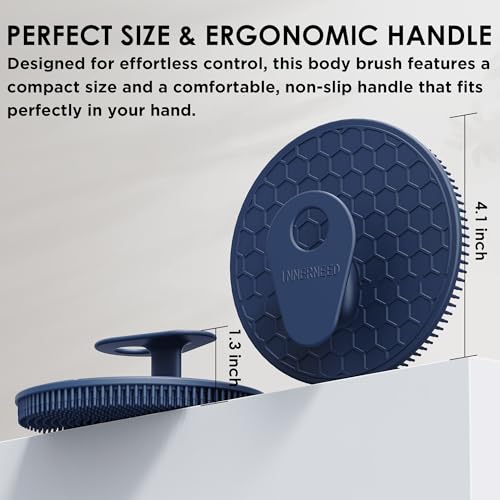 African Net Exfoliating Sponge Case with Silicone Body Brush, Dark Blue | 2in1 Quick-Dry Bath Mesh Washcloth Shower Scrubber, Massaging, Cleansing, Skin Smoother, INNERNEED - color: Darkblue