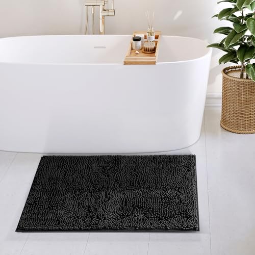 Hearth & Harbor Bathroom Rugs, Chenille Bath Mat - Machine Washable Bath Mats for Bathroom Non-Slip Backing Rubber, Quick Dry Bathroom Mat - color: Black, style: 20 x 32