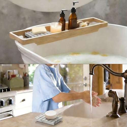 Natural Marble Soap Dish for Shower Stone Tray Small Bar Soap Holder with Self Draining, Non-Slip, Luxury Bath Room Accessories, Sponge Dish Scrubbers Tray for Kitchen Sink Counter Top (Carrara White)