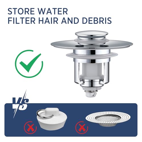 Universal 2 in 1Bathroom Sink Stopper, 2 Pack Pop Up Bathroom Sink Drain Strainer for 1.06"-1.65" Basin Drain Holes, Anti Clogging Drain Filter(Chrome Silver) - color: Chrome Silver(s)-2p