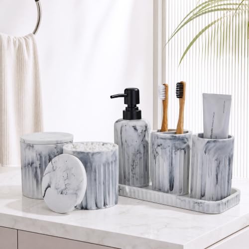 INIUNIK Bathroom Accessory Set, 6 Pieces, Marble White | Resin, Bathroom Accessories Set, with Soap Dispenser Set, Toothbrush Holders, Tumbler, Vanity Tray & 2 Qtip Holder - color: Marble White