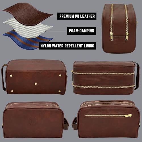Toiletries bag for men, Premium PU Leather Travel Kit, Metal Zippers & Bottom Studs, Velvet Dust Bag & Shape-Retention Packaging – Gift Ready For Groomsmen, Anniversary, Birthday Gifts / DARK BROWN - color: DARK BROWN