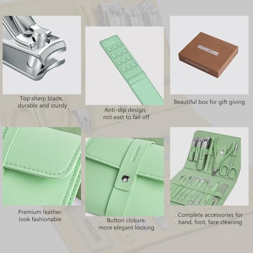 Manicure Set Professional Nail Clippers Pedicure Kit, 16 pcs Stainless Steel Nail Care Tools Grooming Kit with Luxurious Travel Leather Case for Thick Nails Men Women Gift (Green) - color: Green