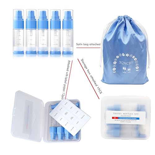 0.7oz/20ml Travel Airless Pump Bottles, 5 Pack Refillable Vacuum Cosmetic Containers with Clear Organizer Case & Labels, Small Lotion Dispenser Bottles for Skincare, Toiletries & Cosmetics - color: Blue, size: 0.7oz/20ml