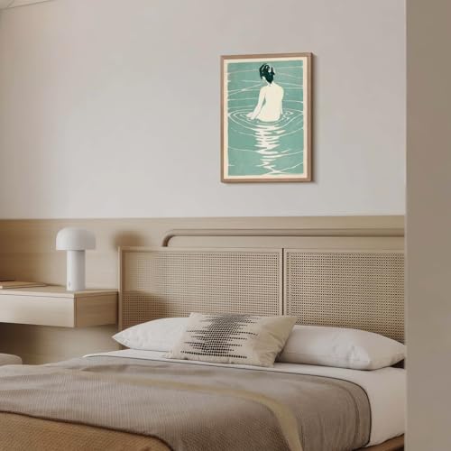 Framed Canvas Japanese Wall Art Modern Print Poster Picture Minimalist Woman in Water Painting Gallery Style Home Wall Decor Living Room Bedroom Bathroom Office 16X24 Inch Ready to Hang - color: Green White Woman, size: 16L" x 24W"