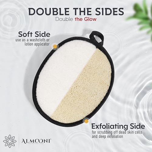 Almooni Natural Exfoliating Loofah for Men, Lightly Abrasive Egyptian Loofah Body Scrubber for Men, Dual-Sided with Cotton Back, Hand Strap, Black, 2-Count - style: Black