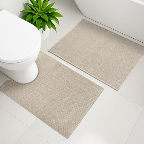YIHOUSE Beige Bathroom Rug Sets 2 Piece, Bathroom Mat Quick Dry, Thin Bath Rug Set,Absorbent Bath Mat for Bathroom Non Slip Washable for Toilet and Floor(17.5"x24"U+17"x24") - color: Beige, size: 2 Piece (17.5"x24"U + 17"x24")