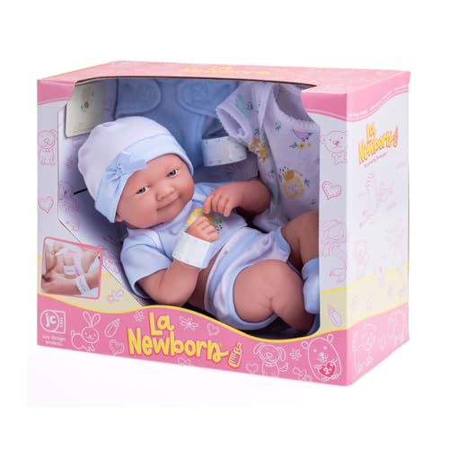 8 piece Layette Baby Doll Gift Set | JC Toys - La Newborn Nursery | 14" Life-Like Smiling Doll w/ Accessories | Blue | Ages 2+ - color: Smiling Blue