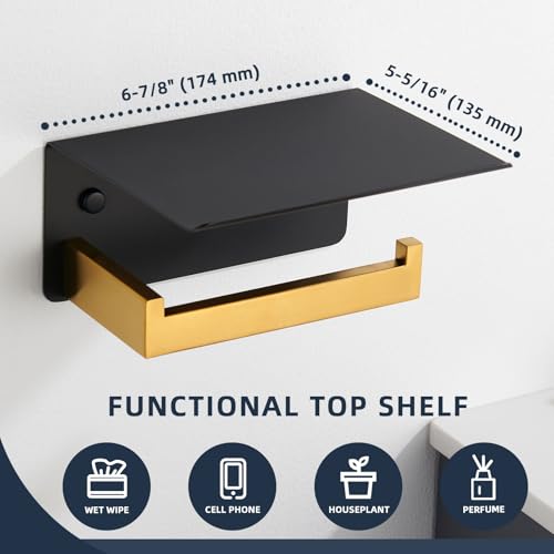 Angle Simple Toilet Paper Holder with Shelf, 304 Stainless Steel Bathroom Tissue Roll Holder for Wall Black and Gold - color: Black & Gold, size: Single Rod