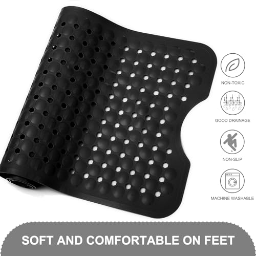 TEESHLY Bath Tub and Shower Mats, Non Slip 40 x 16 Inch Extra Long Bathtub Mat, Machine Washable Bathmat with Drain Holes, Suction Cups for Bathroom Floor, Black - color: Black