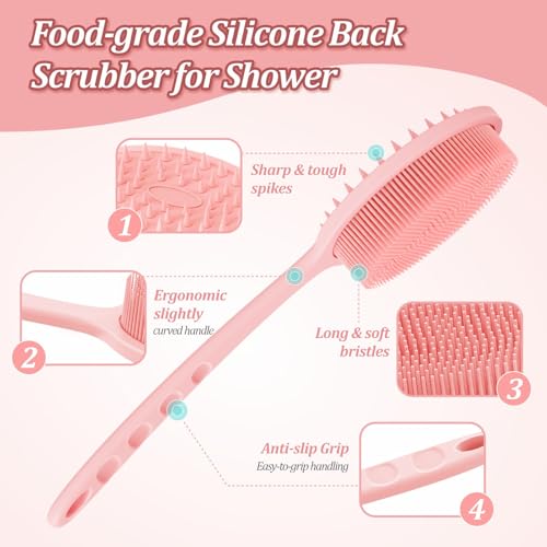 Silicone Back & Body Scrubber Set 2PCS, 13.4'' Gentle Exfoliating Back Scrubber with Dual-Side Head and Non-Slip Handle, Hygienic Silicone Loofah with Soft Bristles and Massage Dots(Pink-2PC) - color: Pink*2