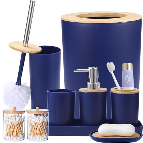 SLDIYWOW Blue Bathroom Accessories, 9-Piece Navy Blue Bathroom Accessories with Trash Can,Tray,Soap Dispenser,Toothbrush Holder,Toothbrush Cup,Soap Dish,Toilet Brush and Q-tip Holders for Bathroom - color: Navy Blue