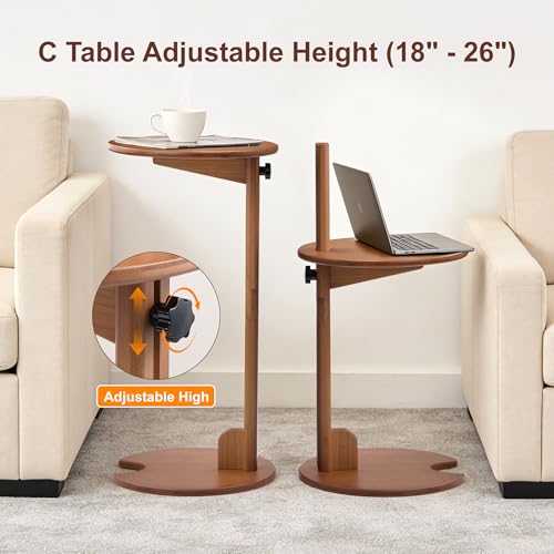 Bamboo C Shaped Side End Table 18–26" Height Adjustable for Sofa | Round Slide Under Couch TV & Snack Tray, Mid Century Modern Laptop Desk for Small Spaces Living Room Bedroom Bedside - color: Walnut