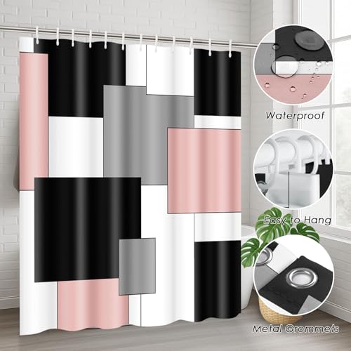 Pink Geometric Shower Curtain Set with Toilet Lid Cover and Non-Slip Rugs for Bathroom, Grey Black White Checkered 4 Pcs Shower Curtain, Abstract Modern Bathroom Set with 12 Hooks - color: Abstract Geometric Pink