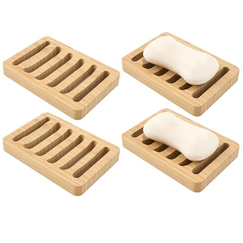 4 Pack Bamboo Soap Dish, Bar Soap Holder Self Draining Soap Dish Natural Bamboo Soap Holder Waterproof Anti-Slip Wooden Soap Dishes for Bar Soap Saver Tray for Shower Bathroom Kitchen Sink Bathtub