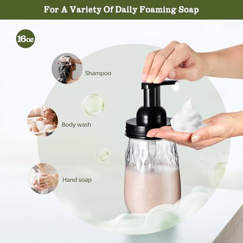 Amolliar 16Oz Foaming Soap Dispenser with Pump Lid, Plastic Refillable Foam Hand Dish Soap Dispenser Set, Clear Diamond Dispenser with Lable for Farmhouse Kitchen Bathroom (2 Pack, Black) - color: Clear Diamond Jar With Black Pump, size: 2 Pack