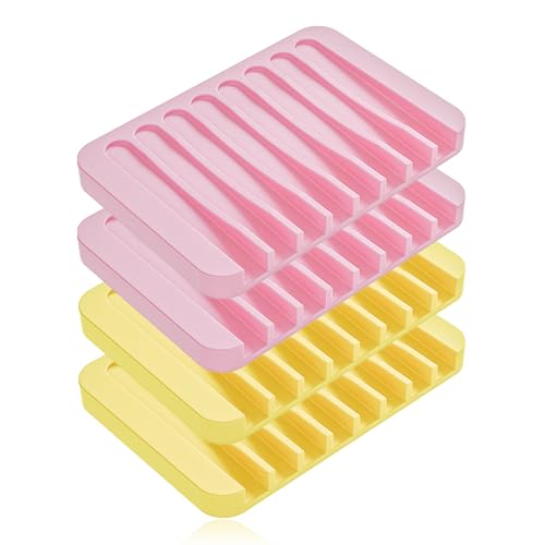 4-Pack Self Draining Soap Dish for Shower Bathroom Waterfall Silicone Soap Saver Tray Sponge Holder for Kitchen Sink Non-Slip Easy Clean (Yellow and Pink) - color: Yellow and Pink