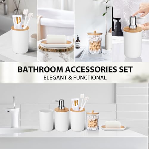 iMucci Bathroom Accessories Set 5Piece White Bathroom Sets, Toothbrush Holder, Toothbrush Cup, Lotion Soap Dispenser, Soap Dish and Qtip Holder Bathroom Decor - style: White